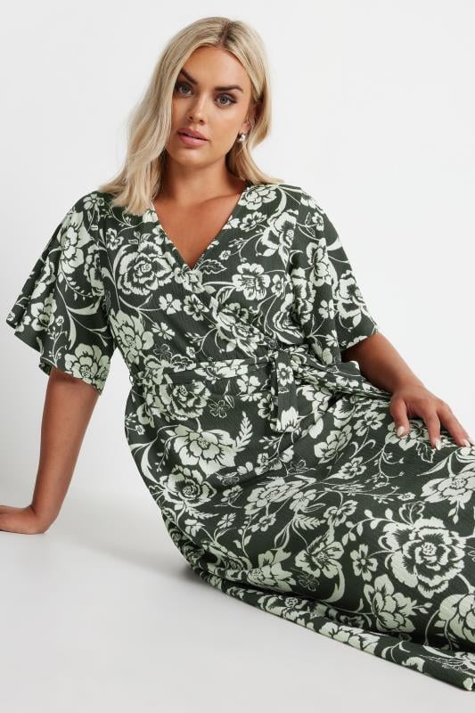 Plus Size  YOURS Curve Khaki Green Floral Print Textured Wrap Dress