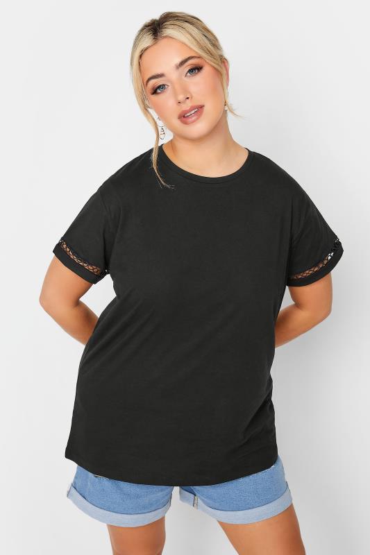 LIMITED COLLECTION Curve Plus Size Black Crochet Trim T-Shirt | Yours Clothing  2