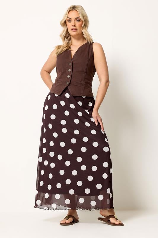  YOURS Jupe marron chocolat en tulle à pois