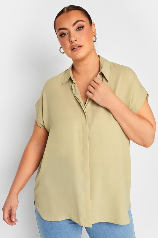 Plus Size  YOURS Curve Stone Brown Short Sleeve Shirt
