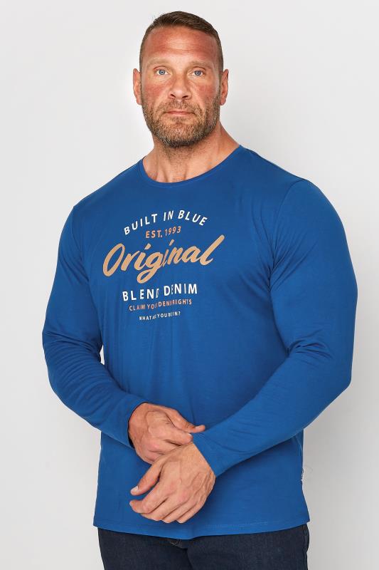  Grande Taille BLEND Big & Tall Blue Long Sleeve Printed Logo T-Shirt