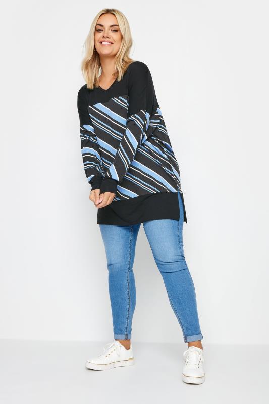 YOURS Plus Size Blue & Black Striped Print Top | Yours Clothing 2