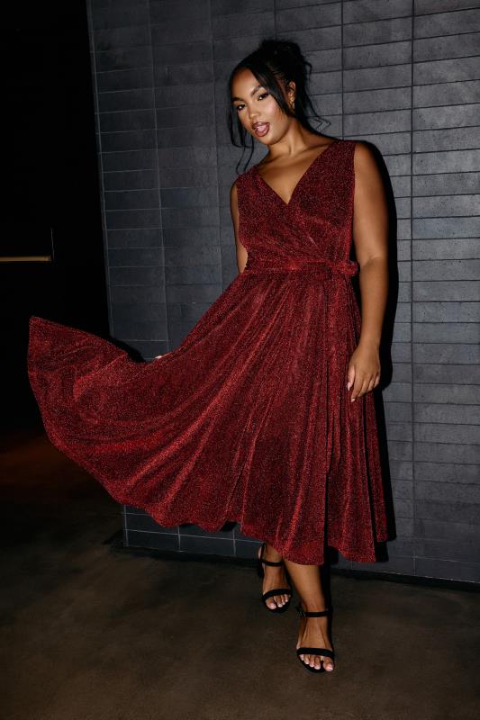  Grande Taille YOURS LONDON Curve Red Metallic Wrap Skater Dress