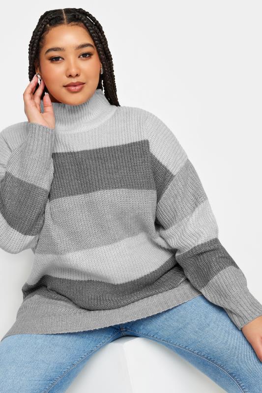 YOURS Plus Size Grey Stripe High Neck Knitted Jumper | Yours Clothing 2