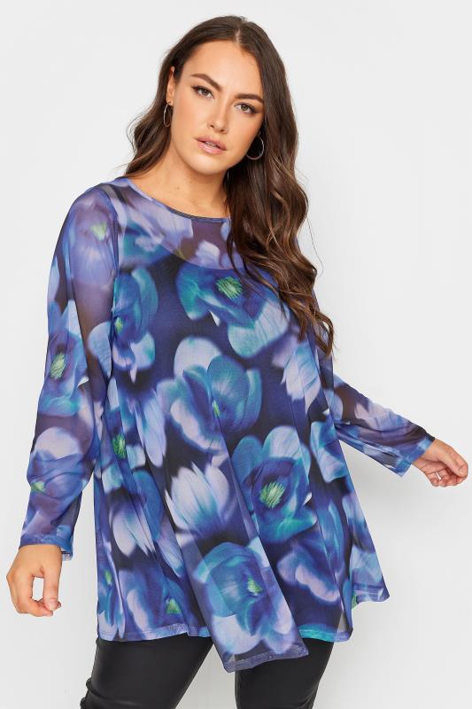 Plus Size  LIMITED COLLECTION Curve Blue Floral Print Mesh Swing Top