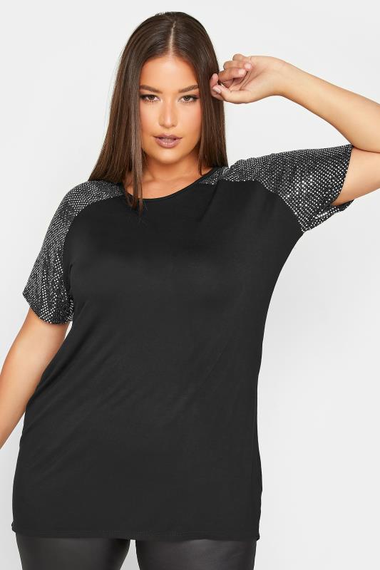 Plus Size Black & Silver Sequin Shoulder T-Shirt | Yours Clothing 1