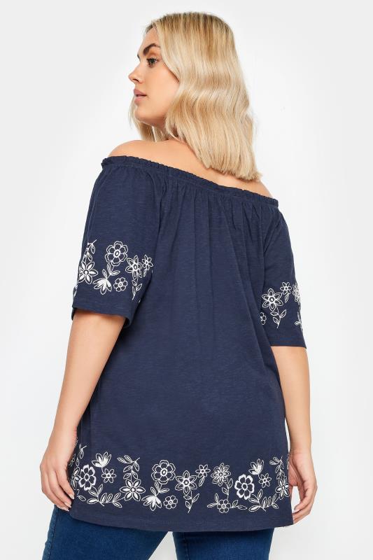 YOURS Plus Size Navy Blue Embroidered Detail Bardot Top | Yours Clothing 3