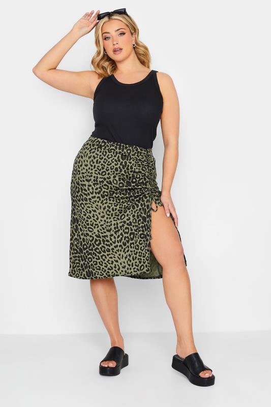YOURS PETITE Plus Size Sage Green Animal Print Ruched Midi Skirt | Yours Clothing 2