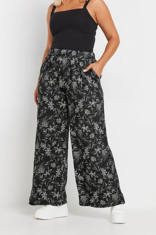 Plus Size  YOURS Curve Black Floral Print Elasticated Wide Leg Trousers