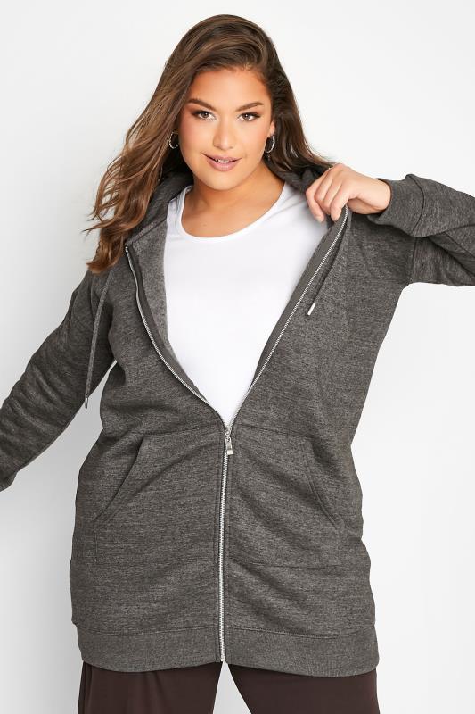  Grande Taille YOURS Curve Charcoal Grey Marl Longline Zip Through Hoodie