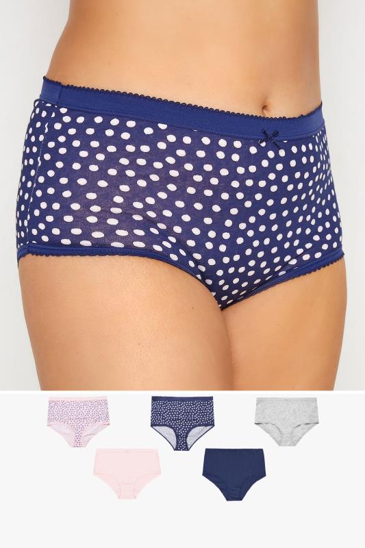 Plus Size  YOURS 5 PACK Curve Navy Blue Spot Print High Waisted Full Briefs