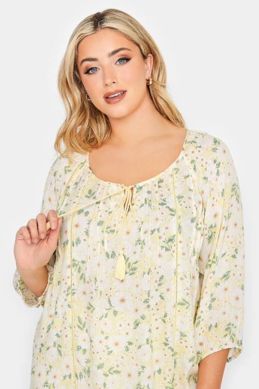 YOURS Curve Plus Size Yellow Floral Tie Neck Top | Yours Clothing  4