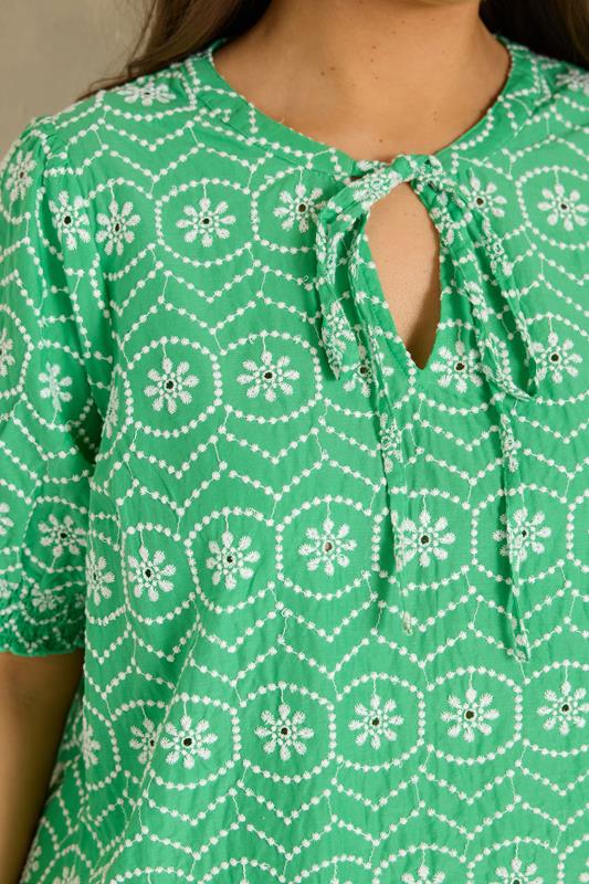 EVANS Plus Size Green Floral Broderie Tie Neck Blouse | Evans 4