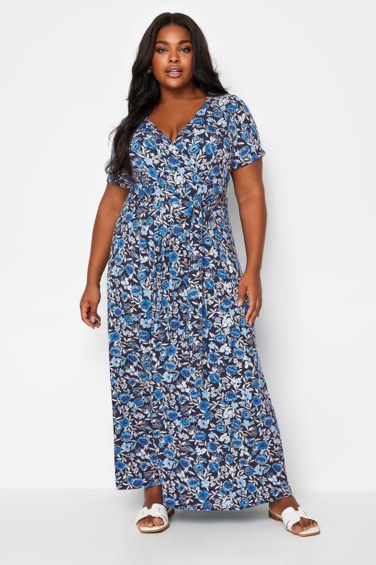YOURS Plus Size Navy Blue Floral Print Wrap Maxi Dress | Yours Clothing 1