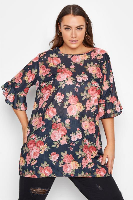Curve Black Floral Frill Sleeve Top 1
