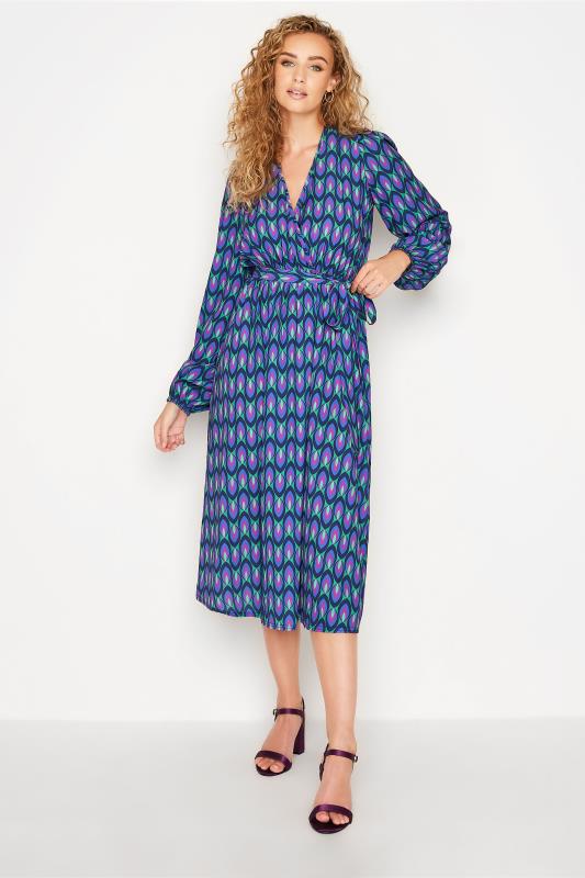 LTS Tall Women's Blue Geometric Print Wrap Dress | Long Tall Sally 1