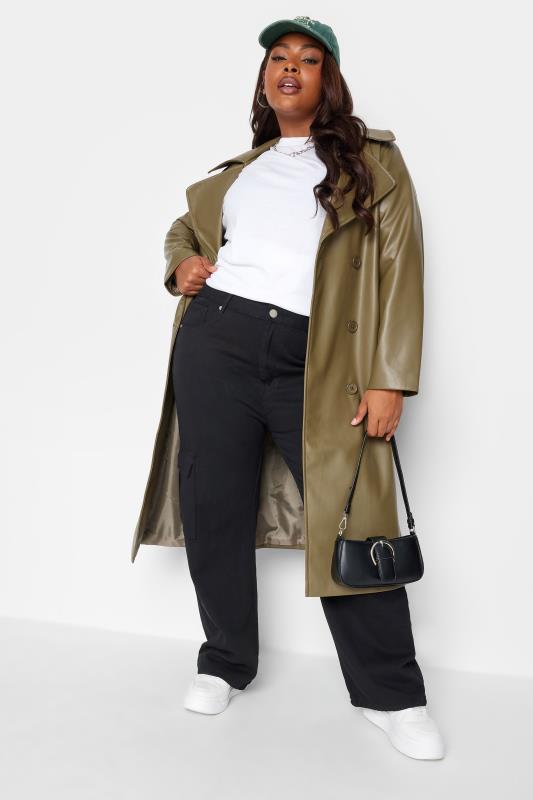 YOURS Plus Size Olive Green Faux Leather Trench Coat | Yours Clothing 4
