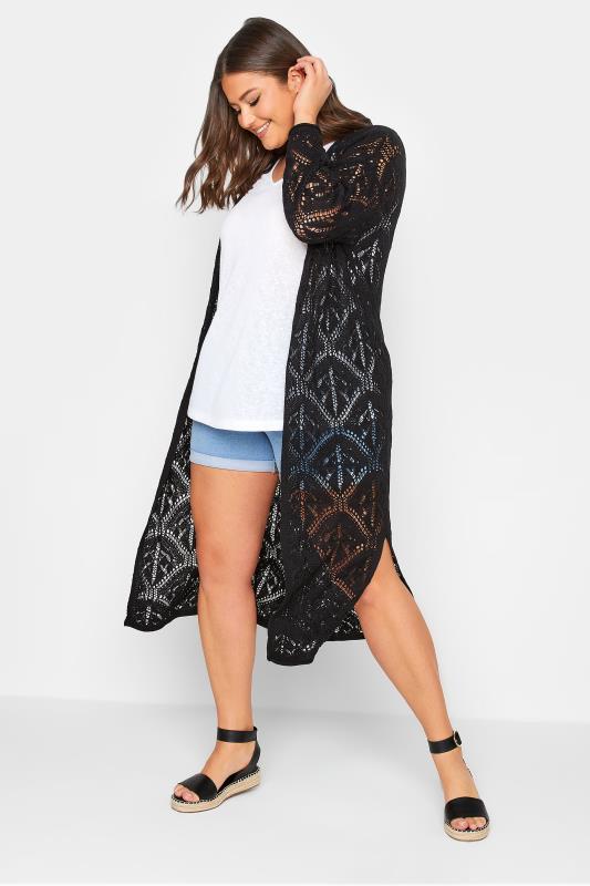 YOURS Plus Size Black Crochet Maxi Cardigan | Yours Clothing 2