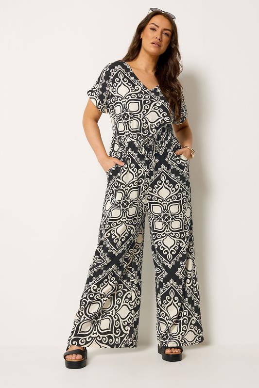 YOURS Plus Size Black & White Paisley Print Wide Leg Jumpsuit | Yours Clothing 1