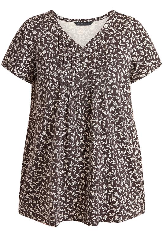 EVANS Plus Size Chocolate Brown Print Cotton Henley Top | Evans 5