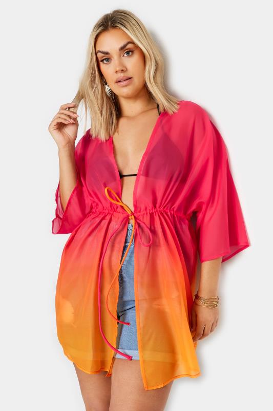 YOURS Plus Size Pink & Orange Ombre Tie Front Kimono | Yours Clothing 1