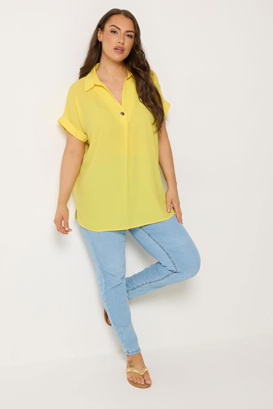 YOURS Plus Size Yellow Button Half Placket Blouse | Yours Clothing 1