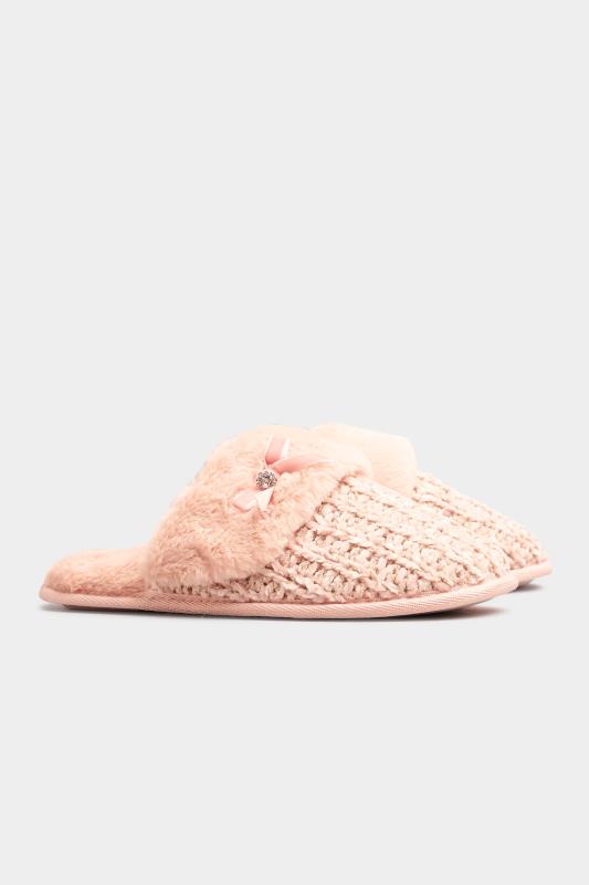 Pink Fur Bow Mule Slippers In Extra Wide Fit | Yours Clothing 4
