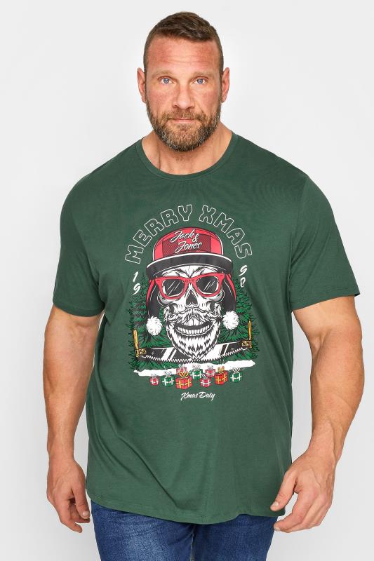 JACK & JONES Big & Tall Green Christmas Skull T-Shirt | BadRhino 1