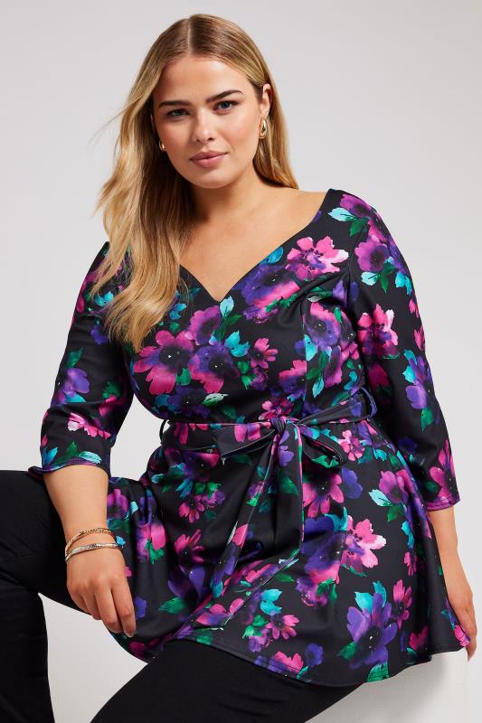 YOURS LONDON Plus Size Black Floral Print Peplum Top | Yours Clothing 4