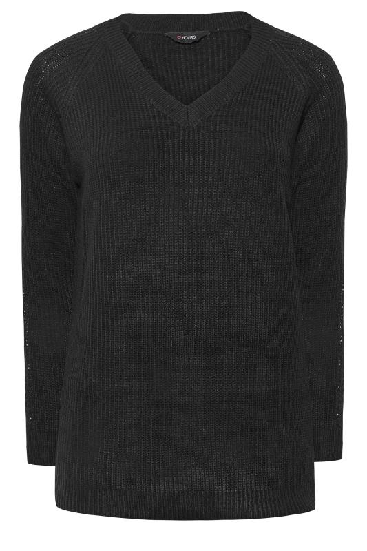 Plus Size Black Pointelle Sleeve V-Neck Knitted Jumper | Yours Clothing 6