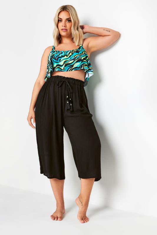 YOURS Plus Size Black Tassel Detail Wide Leg Beach Culottes | Yours Clothing 2