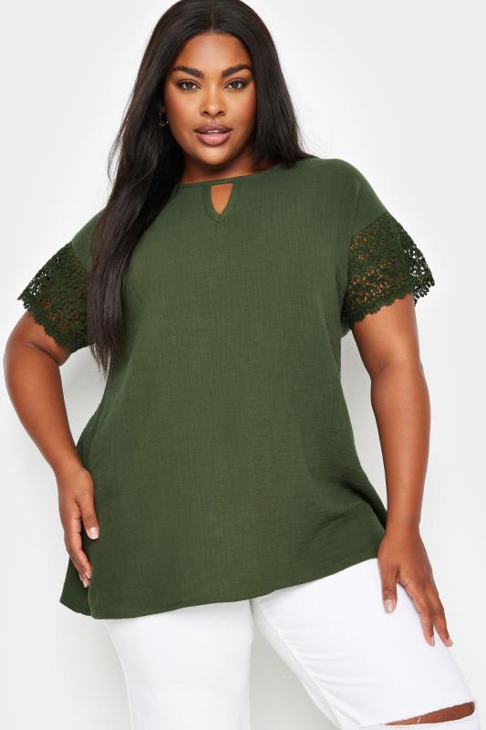 Plus Size  YOURS Curve Khaki Green Cheesecloth Crochet Top