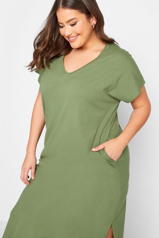 YOURS Plus Size Khaki Green Side Split Midaxi T-Shirt Dress | Yours Clothing 4