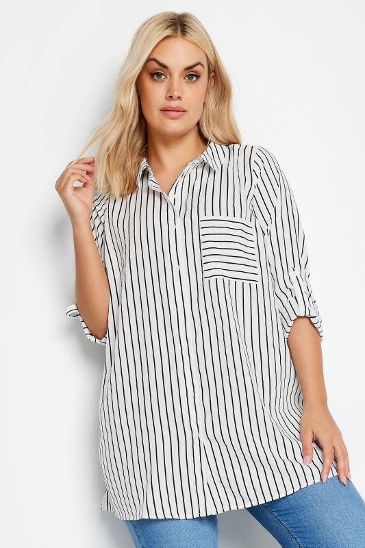 YOURS Curve Plus Size White & Black Stripe Print Boyfriend Shirt | Yours Clothing  3