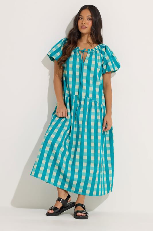 PixieGirl Petite Women's Teal Green Check Cotton Tie Neck Maxi Dress | PixieGirl 1