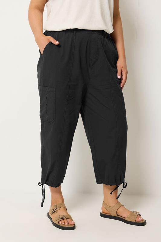 YOURS Plus Size Black Crop Cargo Trousers | Yours Clothing 1