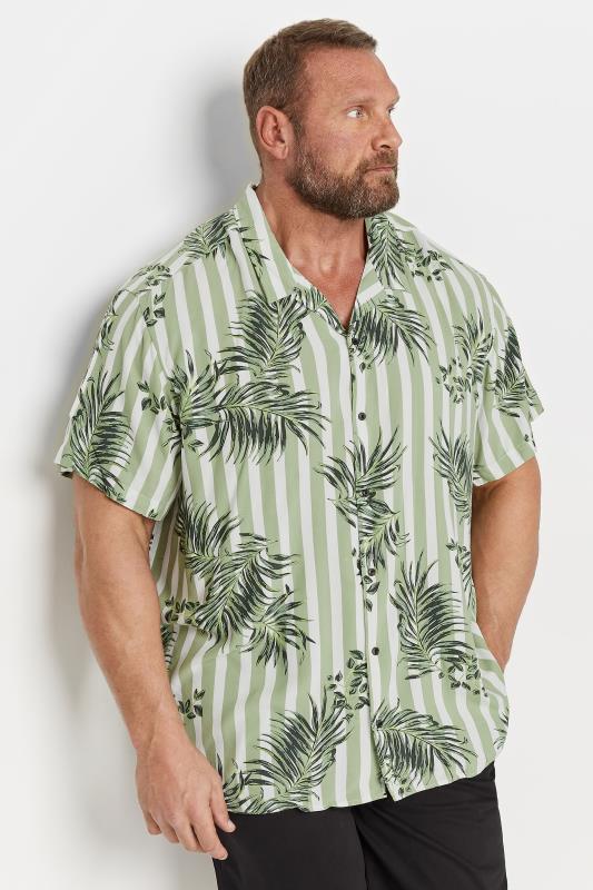 JACK & JONES Green Striped Tropical Print Resort Shirt | BadRhino 1