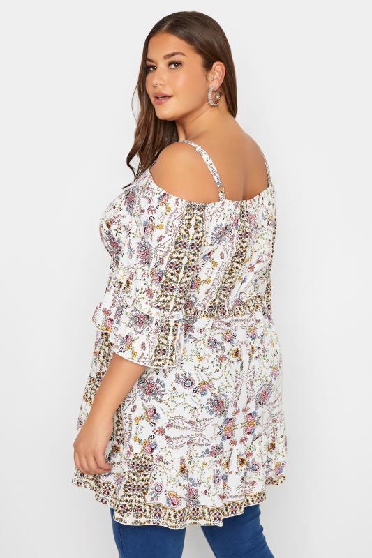 Plus Size White Floral Print Cold Shoulder Top | Yours Clothing  3