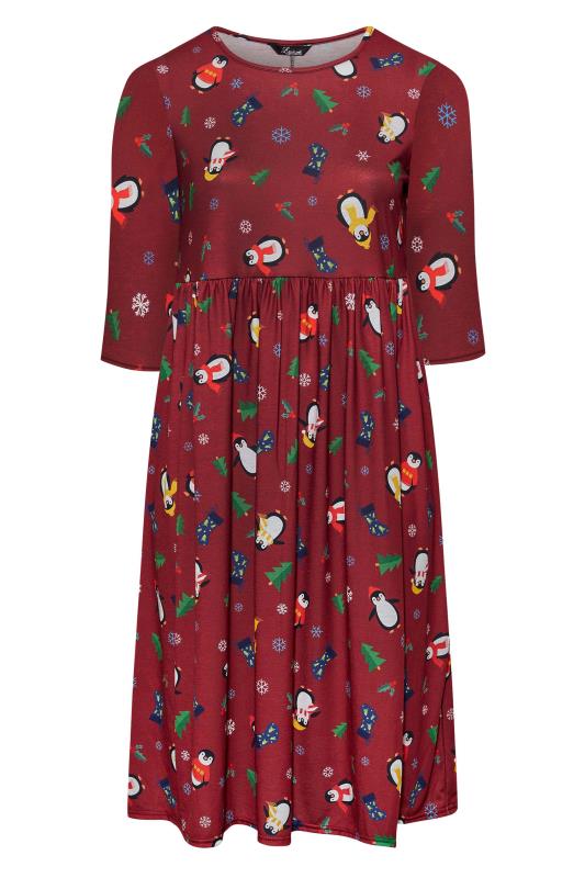 LIMITED COLLECTION Curve Wine Red Penguin Christmas Dress 7