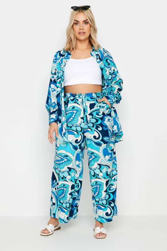 LIMITED COLLECTION Plus Size Blue Abstract Print Drawstring Wide Leg Trousers | Yours Clothing 3