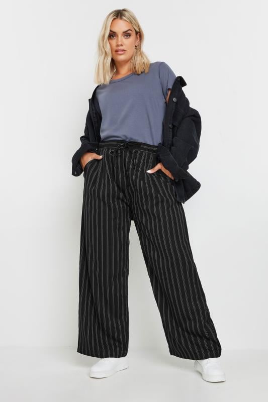 YOURS Plus Size Black Pinstripe Wide Leg Trousers | Yours Clothing  2