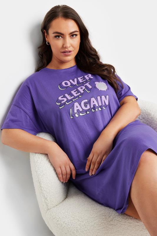 Plus Size  YOURS Curve Purple 'Overslept Again' Slogan Sleep Tee Nightdress