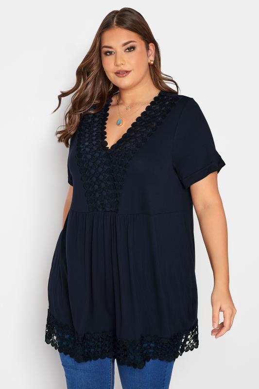 Plus Size Navy Blue Crochet Detail Peplum Tunic | Yours Clothing 1