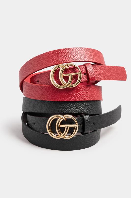 2 PACK Black & Red Gold Buckle Belts | Yours Clothing 4