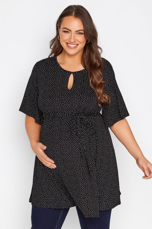 BUMP IT UP MATERNITY Plus Size Black Polka Dot Keyhole Top | Yours Clothing 1