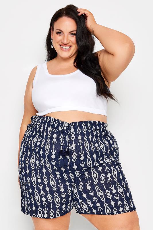 YOURS Plus Size Navy Blue Ikat Print Crinkle Tassel Shorts | Yours Clothing 1