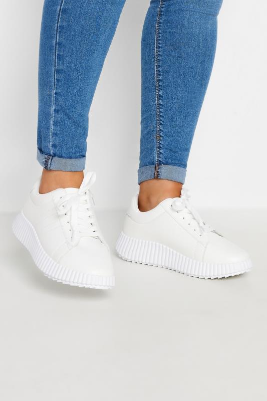 White Ribbed Platform Trainers In Extra Wide EEE Fit | Yours Clothing 1