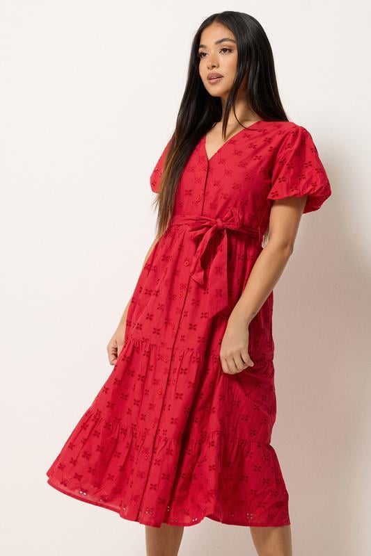  M&Co Petite vestido midi rojo de algodón broderie con lazo en la cintura