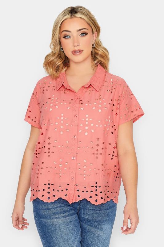 YOURS PETITE Plus Size Coral Pink Broderie Anglaise Short Sleeve Shirt | Yours Clothing 1