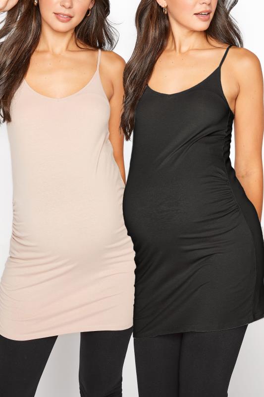 2 PACK Tall Maternity Black & Nude Cami Vest Tops_split.jpg
